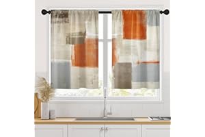 Tayney Beige Orange Painting Kitchen Curtains 36 Inch Length Grey Gray Window Curtains Over Sink Set of 2, Contemporary Short Tier Curtain for Kitchen, Abstract Small Kitchen Decor 34x36 Inch