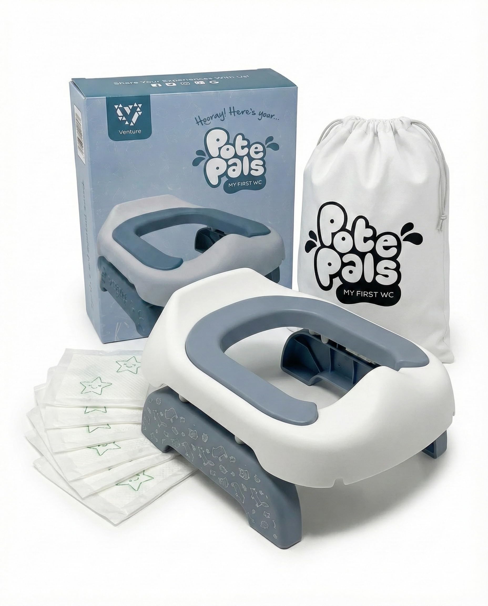 Pote Pals Travel Potty, Part of The Award-Winning Pote Pals Range, Soft PU Cushioned Portable Toddler Toilet seat - Includes 5 Disposable Liners (Grey Woodland)