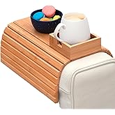 Bamboo Couch Arm Tray with Cup Holder | All-in-One Armrest Organizer for Phone, Remote & Snacks | Foldable, Anti-Slip, Fits Most Couches