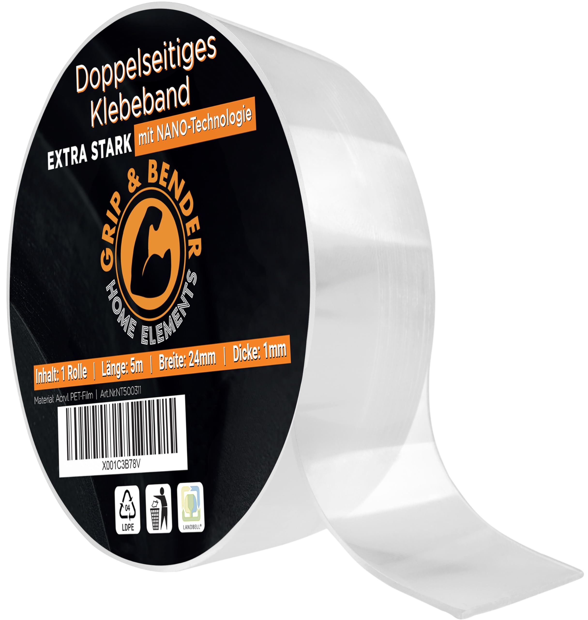 GRIP&BENDER Doppelseitiges Klebeband - 5 Meter x 24MM Nano Tape Doppelseitig Transparent – Spurloses Nano Klebeband – Multifunktionales Rutschfestes Nanotape extra dünn (1mm) Ultra Stark