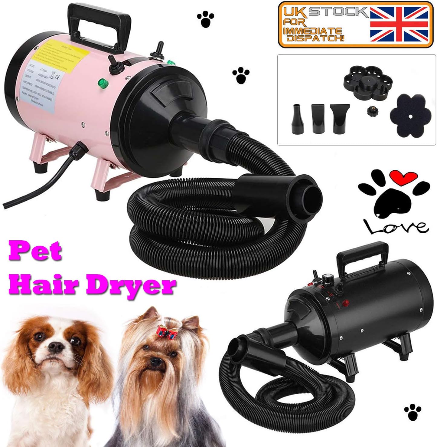 2800W Dog Hairdryer Adjustable Speed & Temperature Pet Grooming Hair Dryer, Quiet Pet Hair Dryer, Hair Dryer For Dogs, Cats and Pets Large And Small, 3 Nozzle Pet Blow Dryer