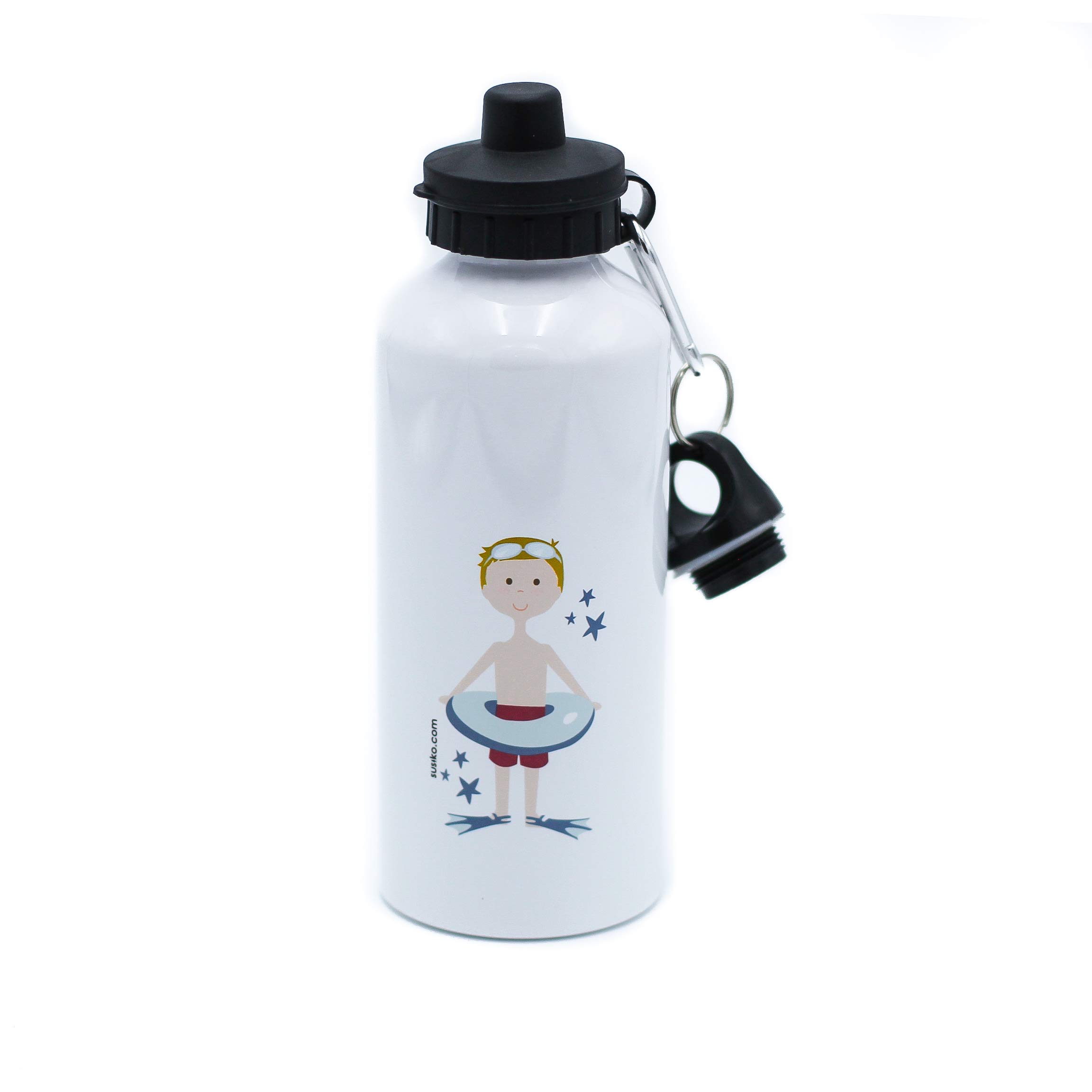 Susiko | Aluminium Bottle with 2 Caps | Child Swimming | Measures 21 x 7.4 cm | Capacity 600 ml | Weight 160 g | Packaging in White Box | Bright White