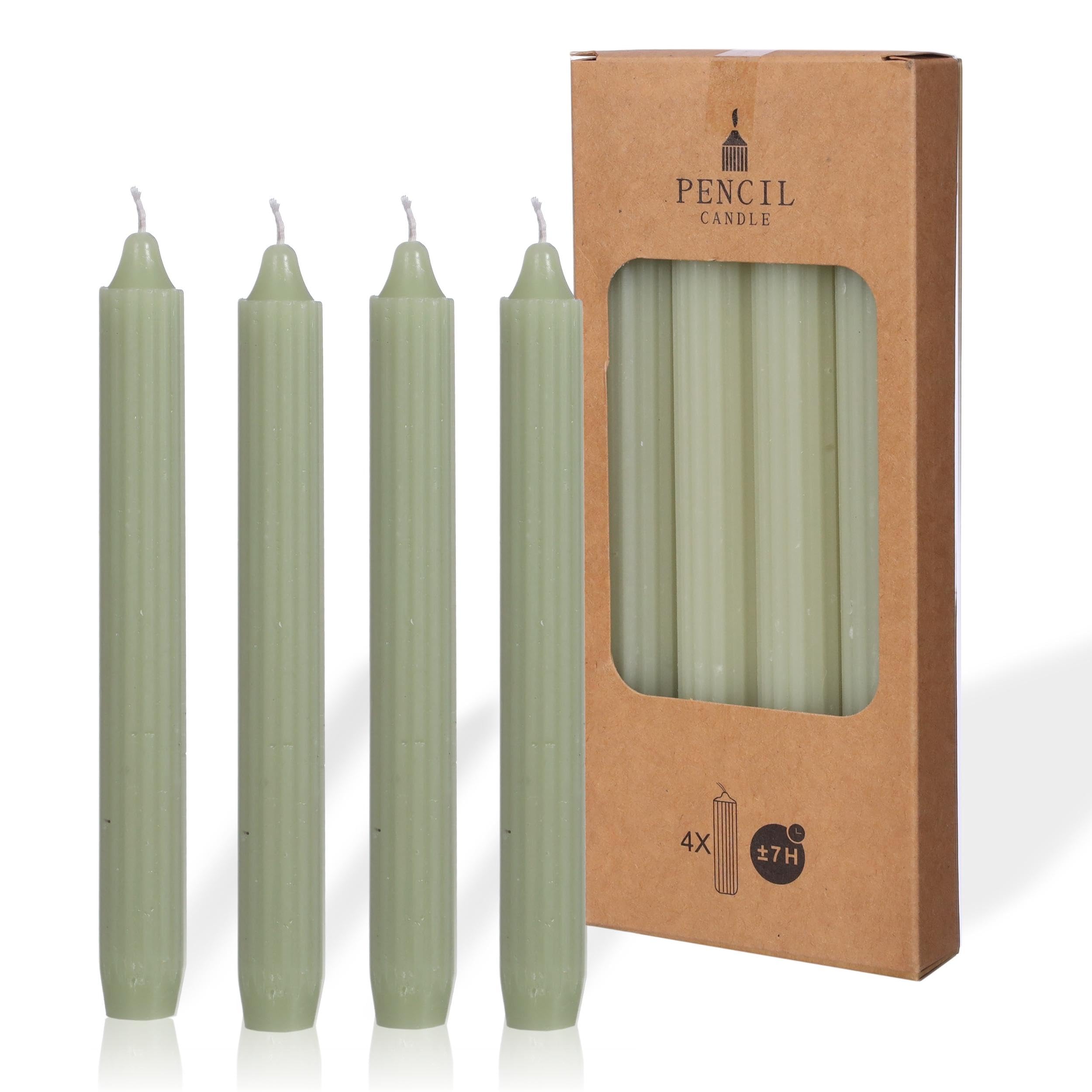 comforder COMFORDER Taper Candles Set, 4 x Table Candles Plain + Ribbed, 20 cm, 7 Hours Burning Time (Light Green)
