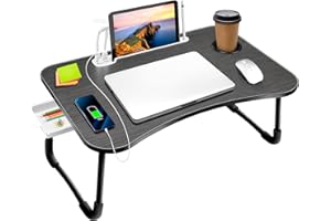 ICARE Laptop Bed Desk,Portable Foldable Laptop Lap Desk Tray Table with USB Charge Port/Cup Holder/Storage Drawer,for Bed/Couch/Sofa Working, Reading