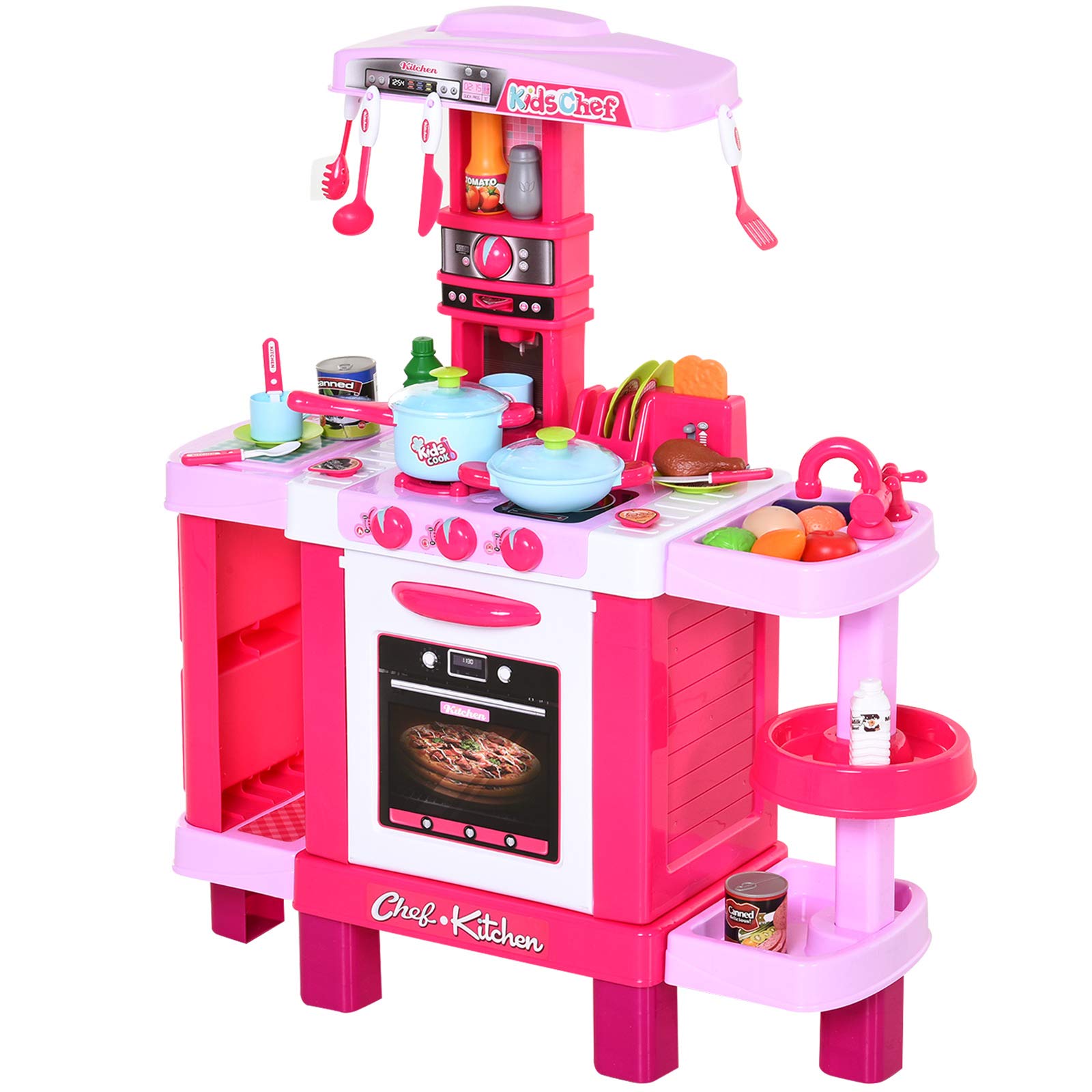 HOMCOM 38 Pcs Kids Children Kitchen Play Set w/Realistic Sounds Lights Food Utensils Pots Pans Appliances Toy Game Pink