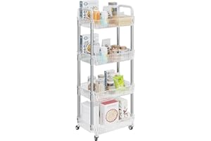 Dttwacoyh 4-Tier Rolling Cart，Makeup Cart with Wheels，Snack Cart，PET and Metal Rolling Cart for Living Room，Kitchen，Office，Bathroom，Silvery