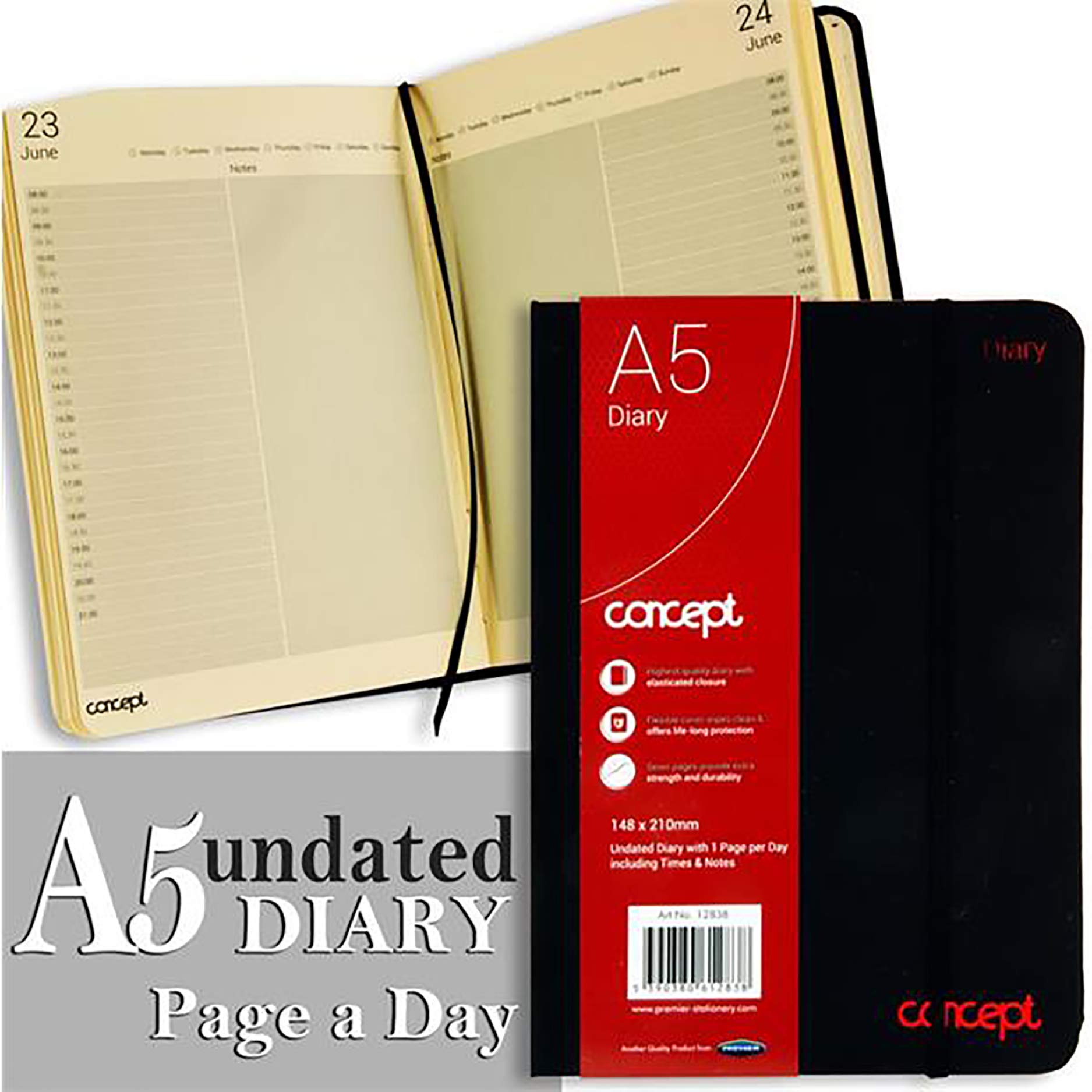 Premier Stationery A5 Concept Undated Page A Day Diary with Times and Notes