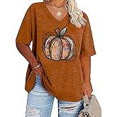 Plus Size V Neck Pumpkin T-Shirt Women Retro Graphic Halloween Tees Casual Loose Short Sleeve Fall Holiday Tops