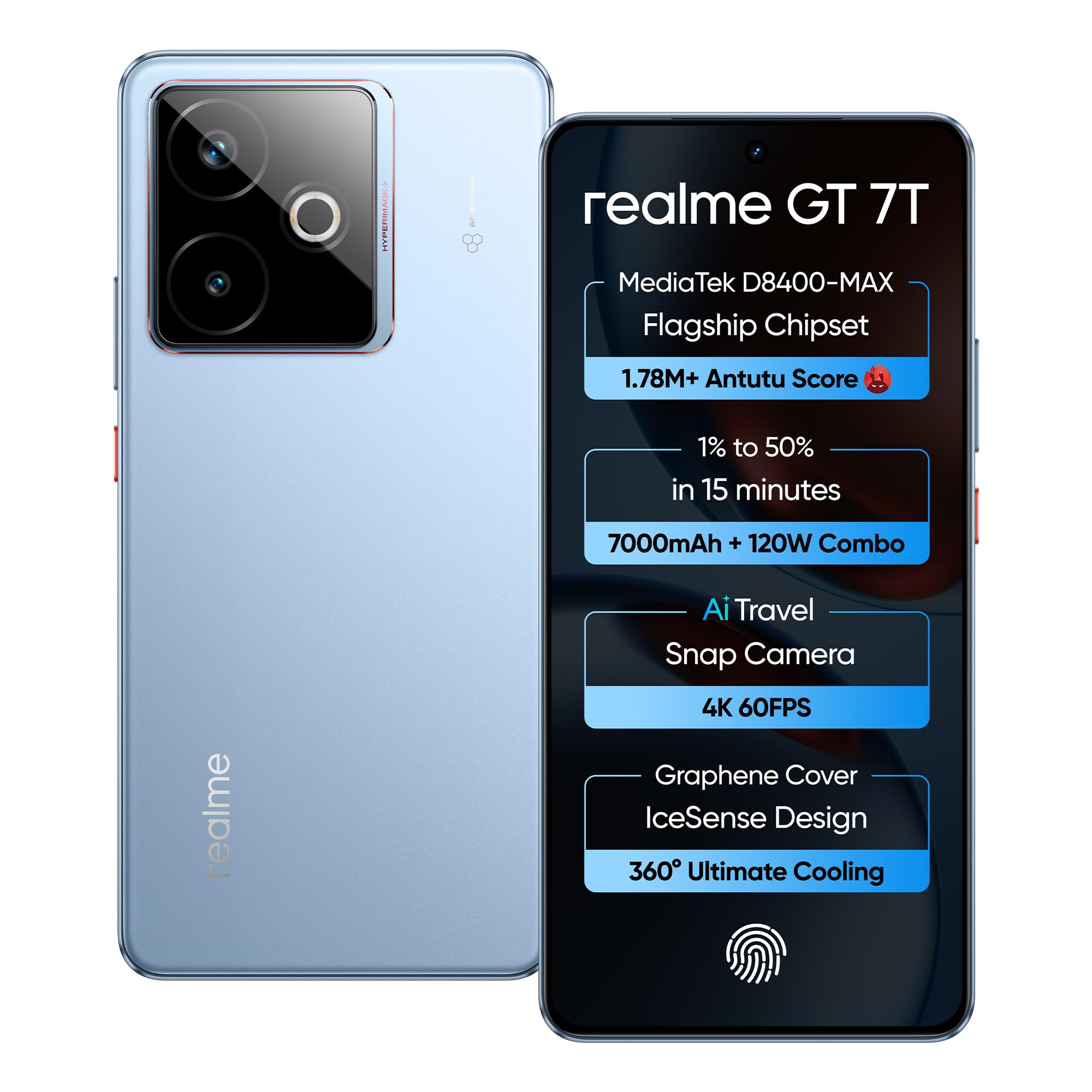 realme GT 7T (IceSense Blue,8GB+256GB) | MediaTek D8400 MAX | Strongest Battery Combo 7000mAh + 120W | AI 4K 60FPS Travel Camera | 360° Cooling IceSense Design with Graphene | 6000 nits Display