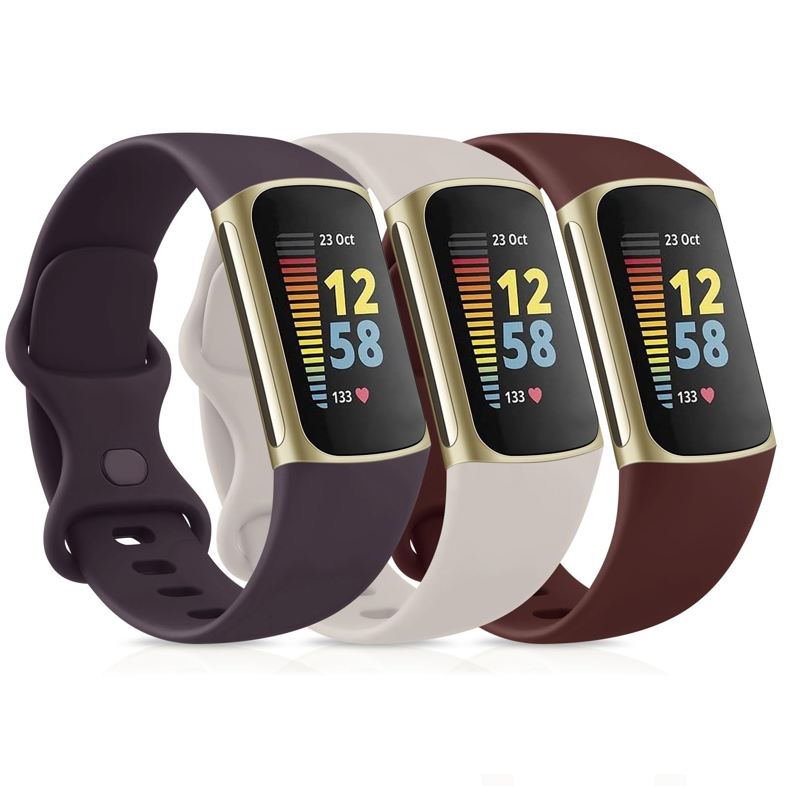 AK Pack 3 Straps Compatible with Fi tbit Charge 5 Strap/Fitb it Charge 6 Strap for Women Men, Soft Adjustable Sport Replacement Only for Fitb it Charge 5/Fitbi t Charge 6(S,Starlight/Purple/Red) — image 1