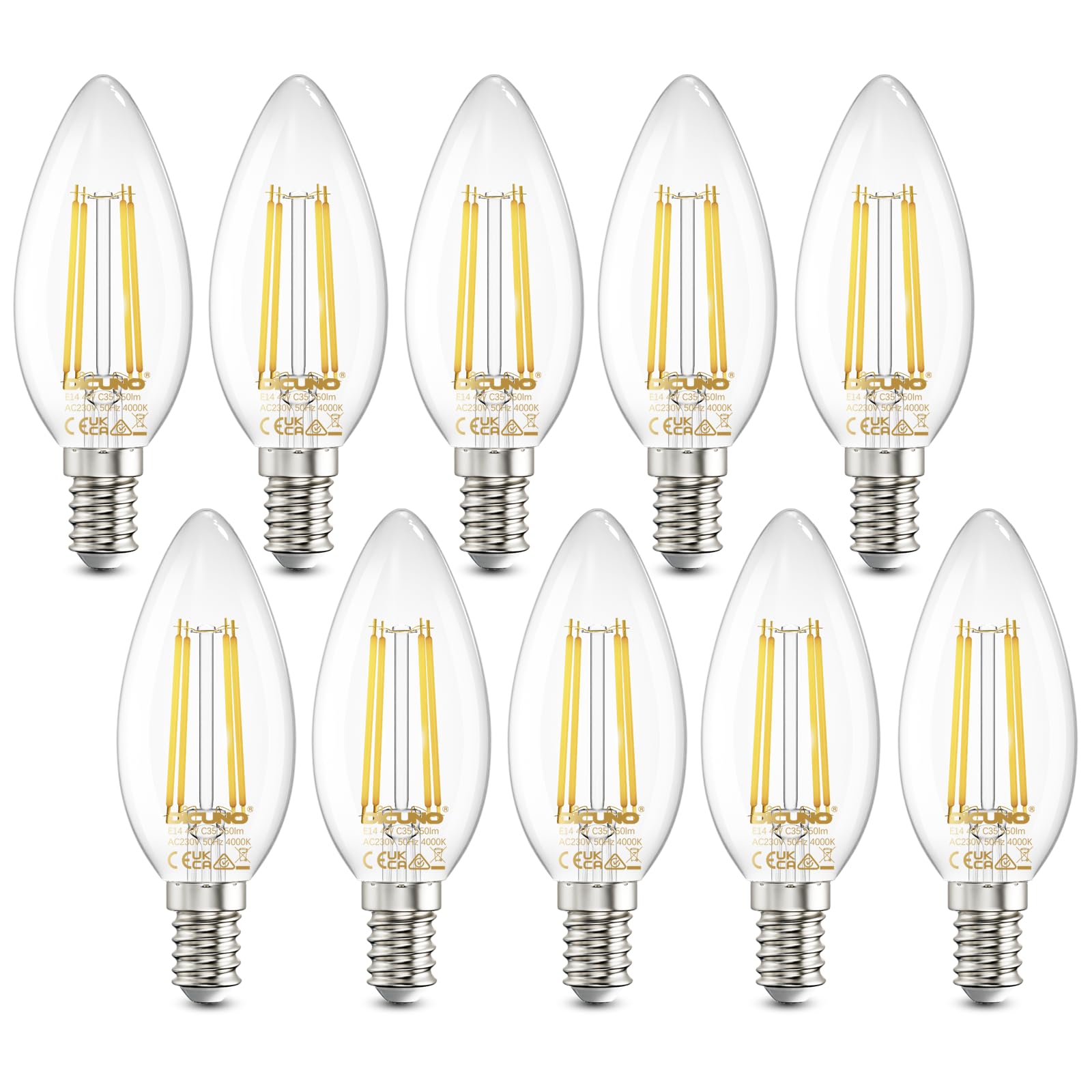 DiCUNO E14 Candle LED Bulbs, Small Screw E14 LED, 4W, 550LM, 40W Incandescent Equivalent, Natural White 4000K, SES C35 Clear Filament Bulbs for Chandeliers, 10Pcs