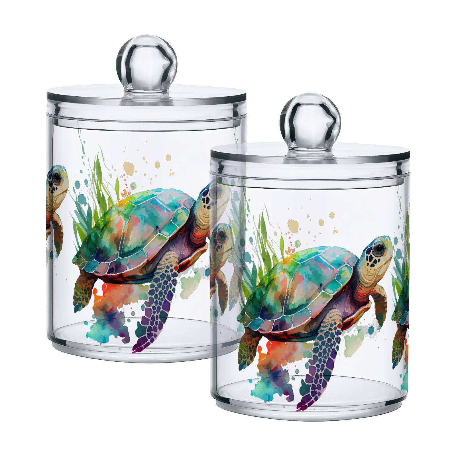 Photo 1 of 2 Pack Qtip Holder Dispenser for Cotton Ball Turtle Watercolor Cotton Swab Round Pads Clear Plastic Acrylic Jar Set Bathroom Canister