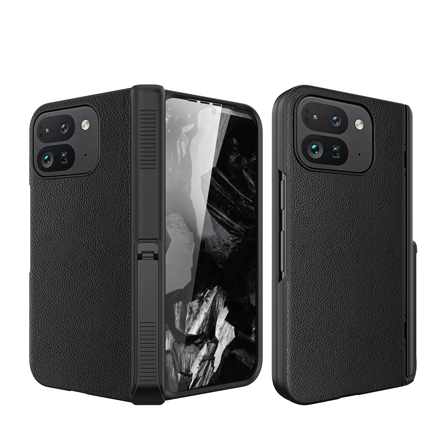 Koelaa for Google Pixel 9 Pro Fold Case, Case with Screen Protector [Invisible Kickstand] [Spring Outer Hinge Protection], Premium PU Leather Anti-Scratch Hard Case - Black
