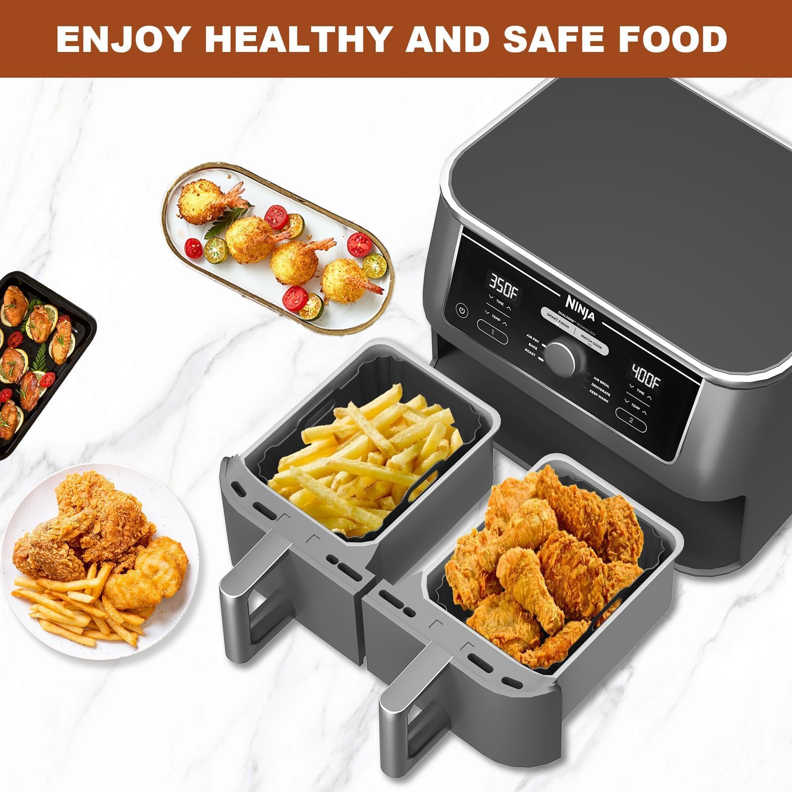 2PCs Silicone Air Fryer Liners for Ninja DZ401, DZ550, DZ302, COSORI 9QT Air Fryer, Rectangular Reusable Liners Accessories for Ninja Foodi 2-Basket 10 QT