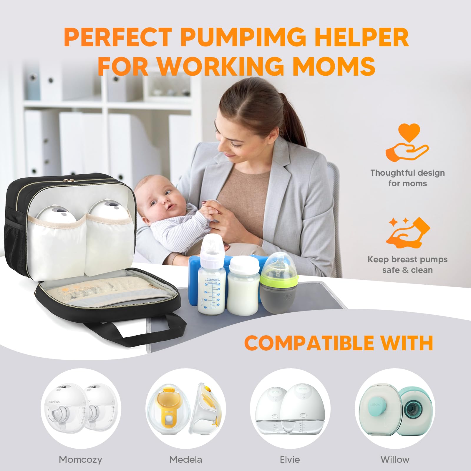 PIIOSER Breastmilk Cooler Bag with Ice Pack, Compatible with Wearable Breast Pumps & Accessories - Portable Pumps Carrying Case for Nursing & Working Moms, Black