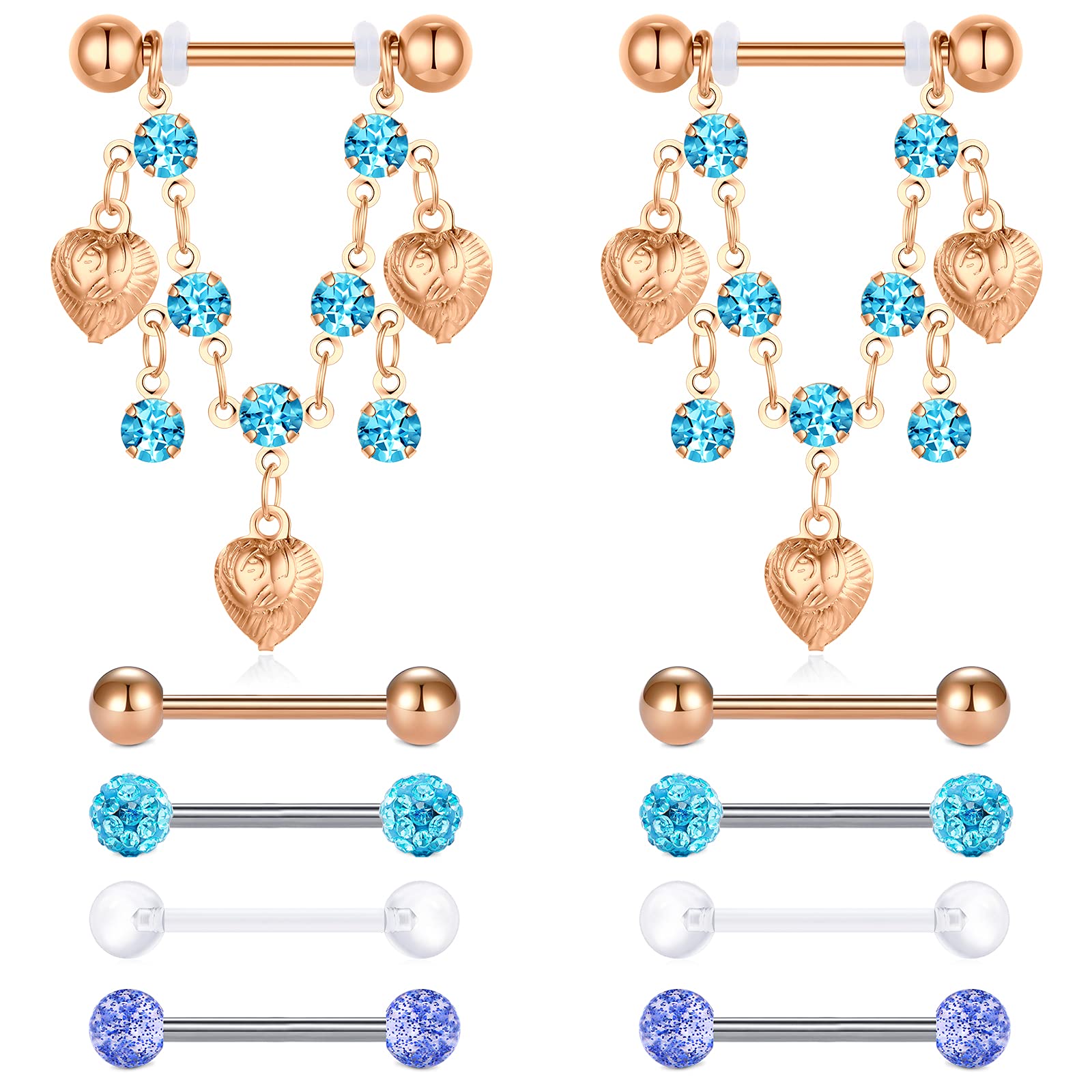 D.Bella 14G Nipple Rings Stainless Steel Nipple Piercings CZ Heart Tongue Barbell Rings Retainer Body Piercing Jewelry for Women 5 Pairs