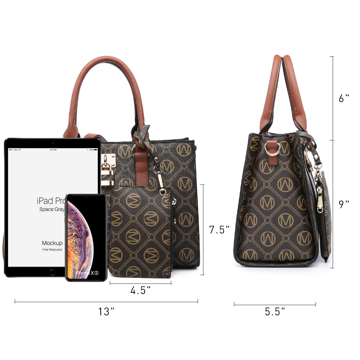 MKP Women Fashion Top Handle Handbags Purses Satchel Tote M Signature Padlock Shouler Bags Work Bag with Wallet Wristlet Set 2pcs (Coffee)