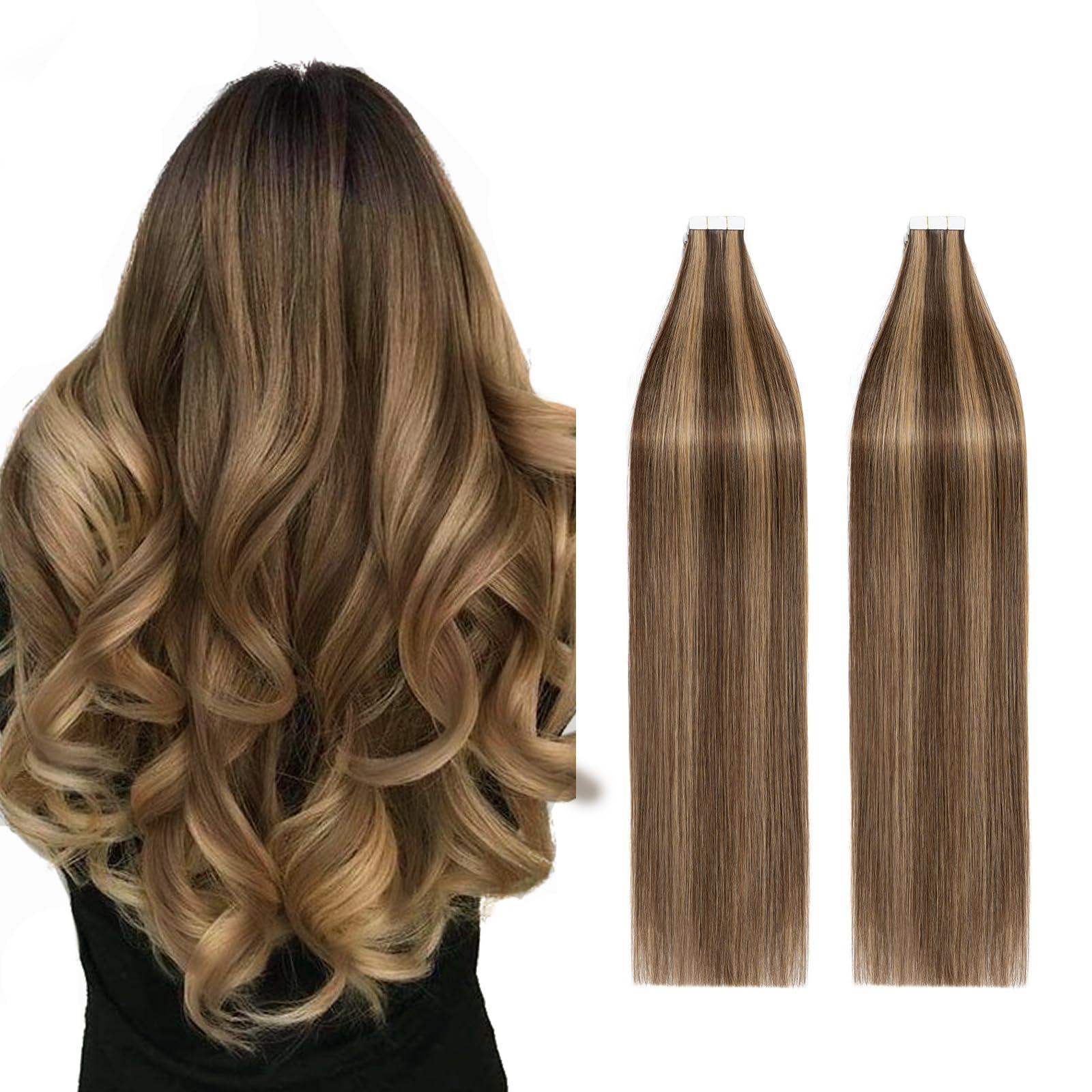 40pcs Hair Extensions Tape in Human Hair 22"-100g Balayage #04/27 Medium Brown&Dark Blonde Seamless Straight Skin Weft