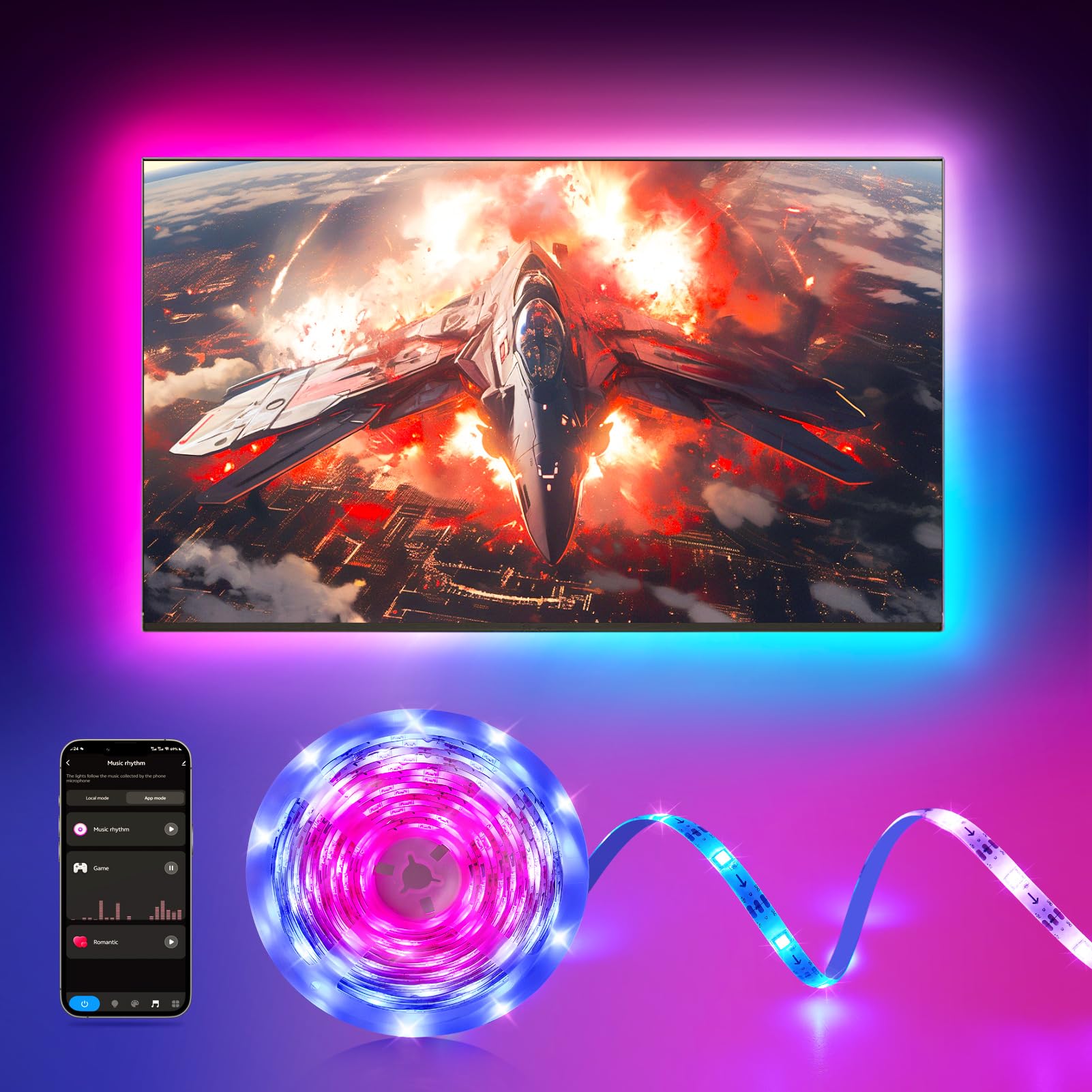 Photo 1 of 26.25ft RGB+IC LED Strip Lights for 75-100 Inch TV, Backlight Behind TV with Music Sync, Bluetooth APP & Voice Control, 44 Scene Modes, Ambient Lighting for Gaming, Bedroom, Living Room, Mood Lighting