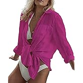 Bsubseach Women Long Sleeve Beach Shirt Blouses Bathing Suit Cover Up Button Down Collar