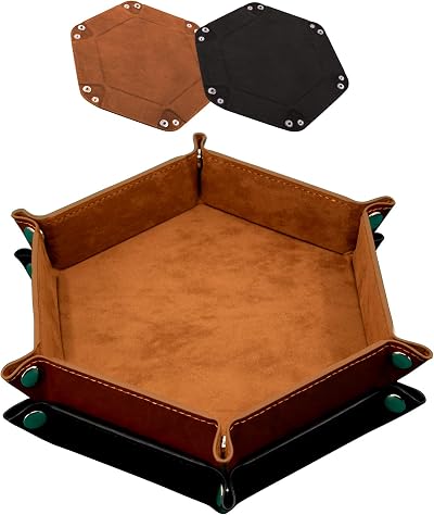 SIQUK 2 Pieces Dice Tray Hexagon Folding PU Leather Velvet Holder Black Camel