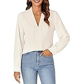 Rooscier Women's Elegant Pleated V Neck Long Sleeve Blouse Business Shirt Top