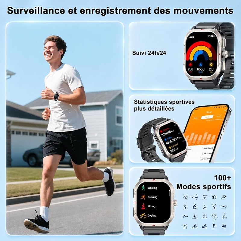 Montre Connectée Homme Militaire, Smartwatch GPS Intégré, Noir
