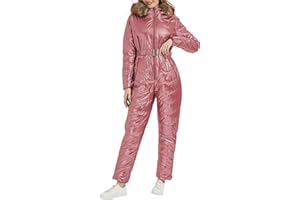 RISISSIDA Women Ski Suit Jumpsuit, Winter Onesies Outdoor Sports Waterproof Snowsuit One Piece with Hood Removable Fur Collar