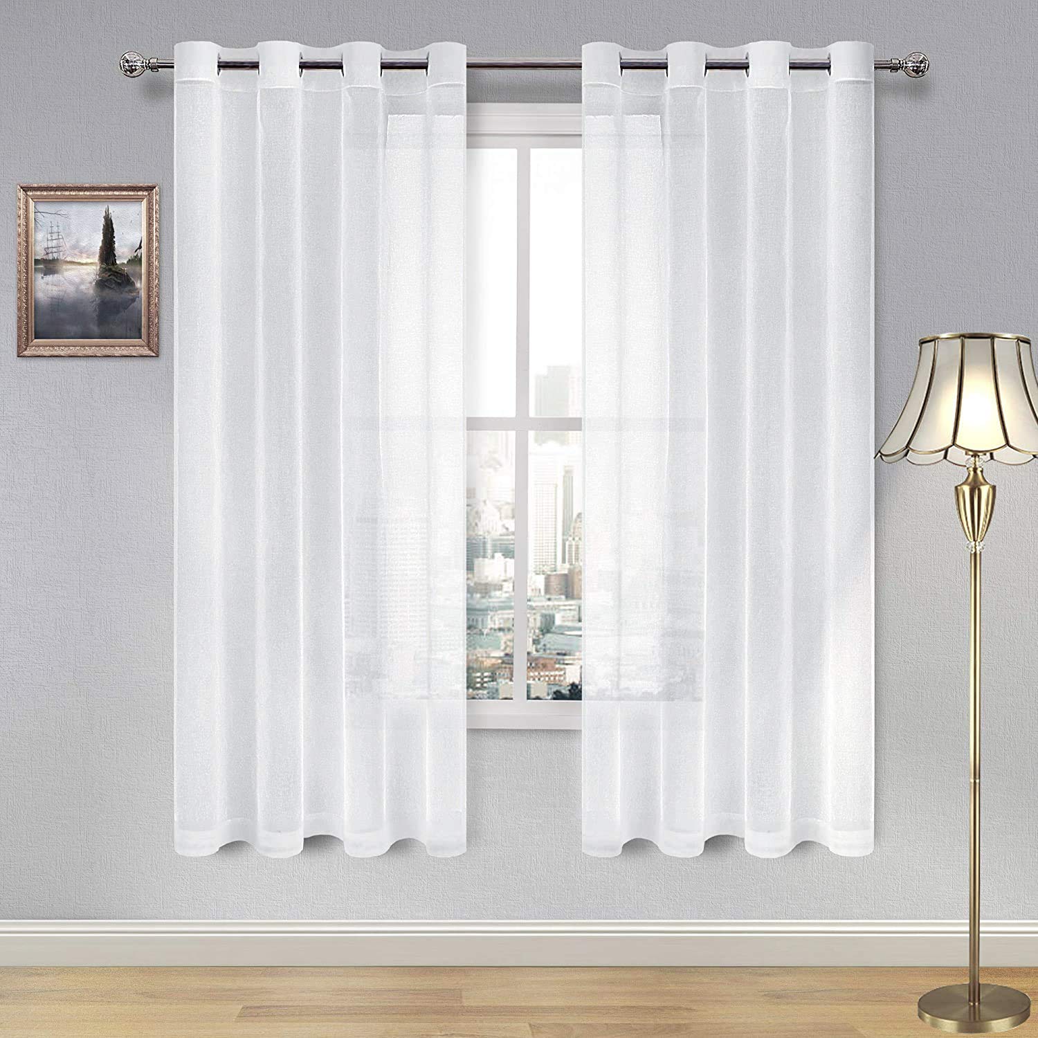 DWCN Sheer Curtains Linen Look Grommet Curtain for Bedroom White Window Curtains for Living Room Set of 2 Panels, 52 x 72 Inch Long