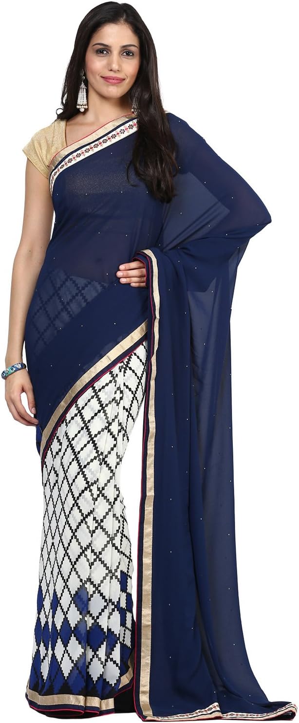 Navy Blue And Off White Half And Half Faux Georgette Saree