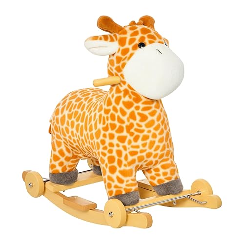 HOMCOM 2 In 1 Kids Todder Rocking Horse Plush Ride On Giraffe Rocker with Wheels Wooden Base Animal Sounds for 3-6 Years