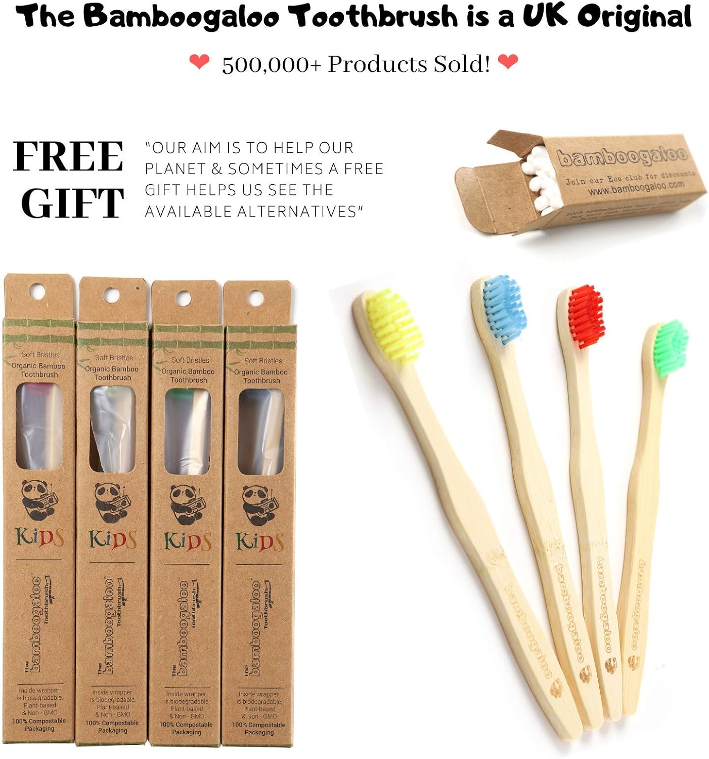BAMBOOGALOO Kids Bamboo Toothbrush Set, 4 Pack Organic Rainbow Kids Toothbrushes & Ultra-Soft Cotton Swabs - Image 3