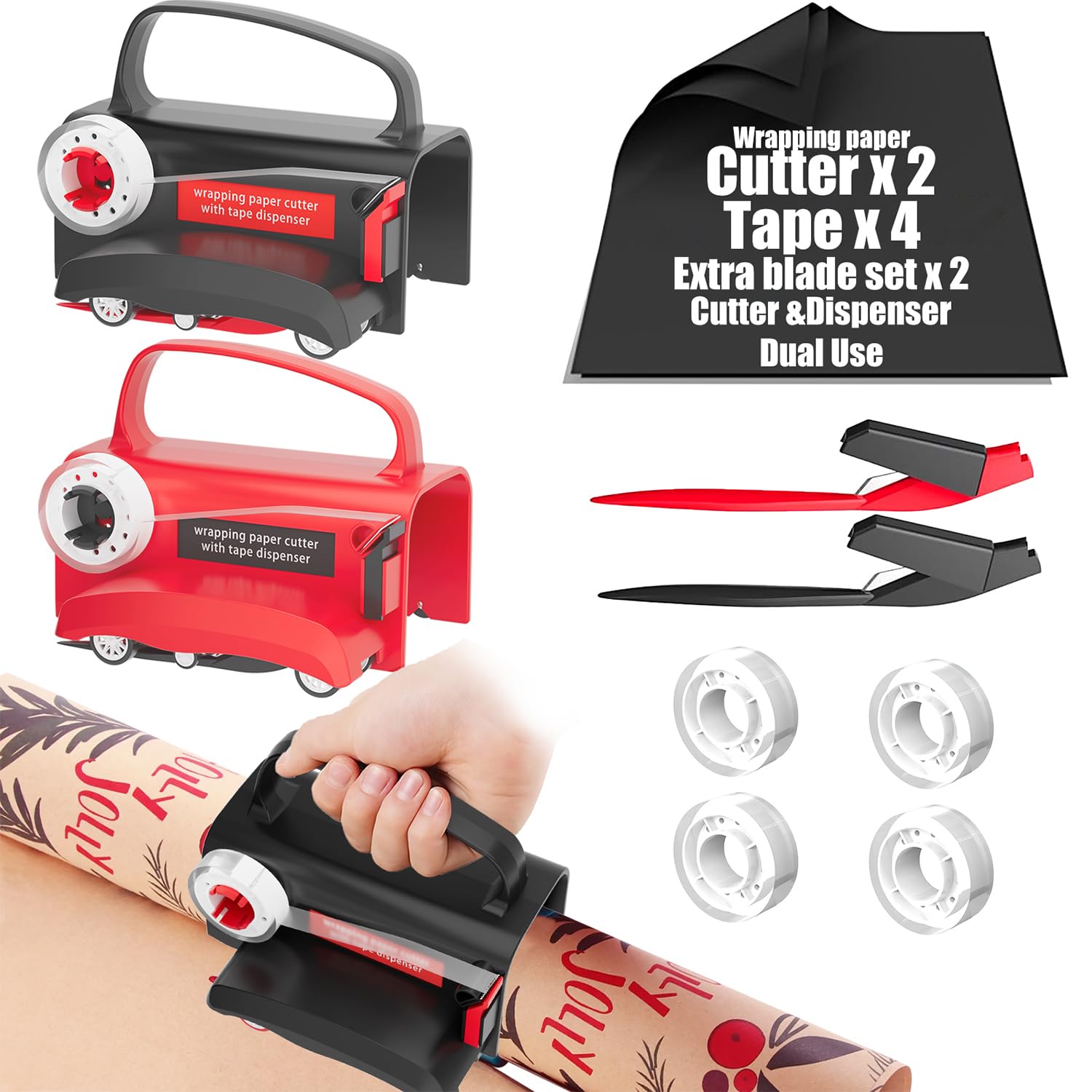 Photo 1 of 2-Pack Wrapping Paper Cutter & Tape Dispenser, Make Cutting Easily Safely and Efficient, Straight Sliding Tool for Christmas Gift, with 4 Tapes, 2 Replace Blades Kit, Black and Red