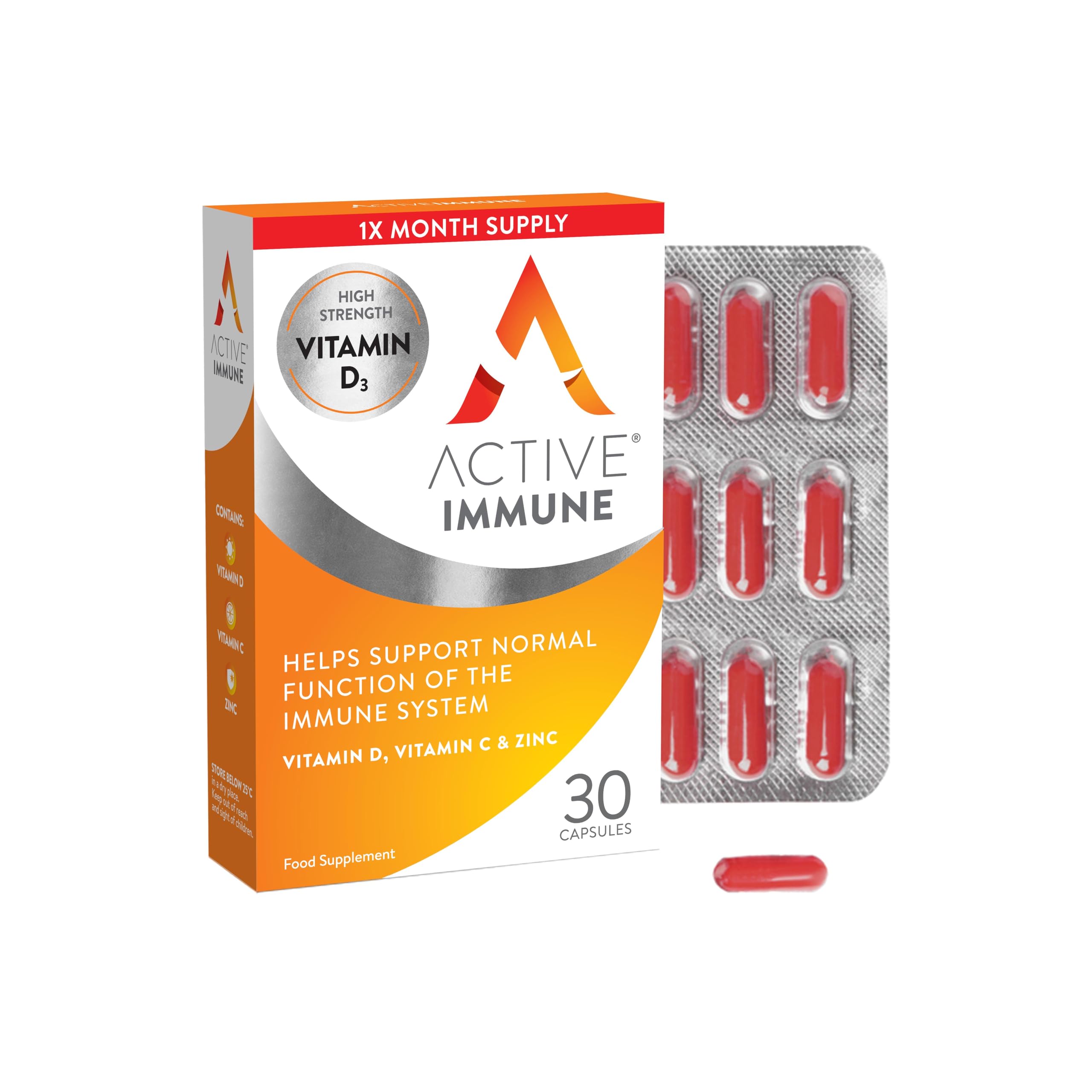 Active Immune Supplement, Vitamin D3, C & Zinc, Vegan, Multivitamin with Zinc 30 Capsules, 1 Month Supply