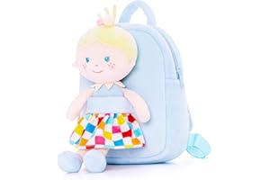 Onetoo Toddler Kids Backpack with Soft Baby Dolls in Plaid Dress 9.5"