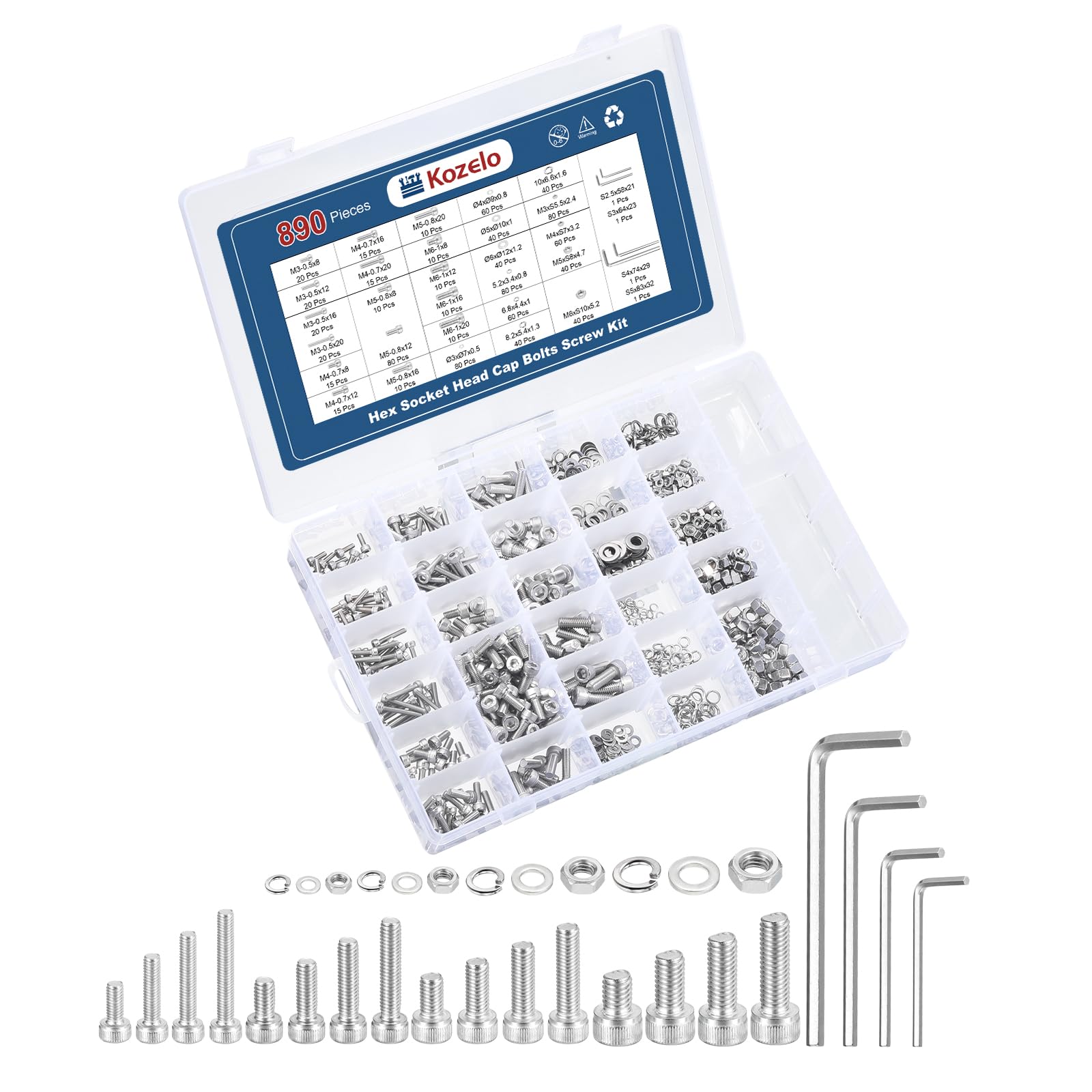 Kozelo 890pcs Socket Head Cap Screws Bolts Nuts Assortment Kit - [M3/M4/M5/M6] 304 Stainless Steel Allen Socket Drive for 3D Printer with Allen Wrench