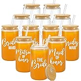YOUKE OLA 12 Pack Bridesmaid Gifts Beer Glass Can with Bamboo Lids and Glass Straw Drinking Glass Cups Maid of Honor Gift for Engagement Bridal Shower Bachelorette Party 16oz