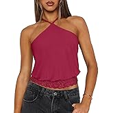 REORIA Womens Sexy Halter Lace Double Lined Tank Tops Trendy Cute Summer Y2K Backless Going Out 2026 Cami Crop Tops