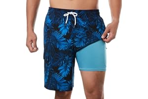 BRISIRA Mens Swim Trunks Bathing Suit 9 Inch Inseam Compression Liner Beach Long Board Shorts Swimsuit Anti-Chafe Quick Dry