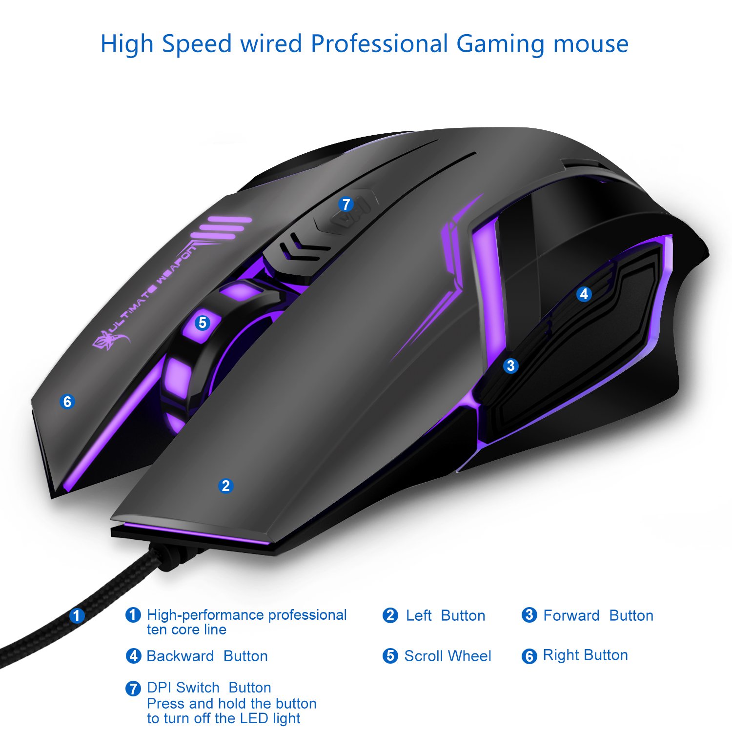 Gaming Mouse, LDesign 3200DPI Wired Gamer Mice ACC Optical Ergonomic with 4 Adjustable DPI Switch, 7-Color Breathing Light, High Accuracy Computer Mice Plug and Play (Grey/Black)