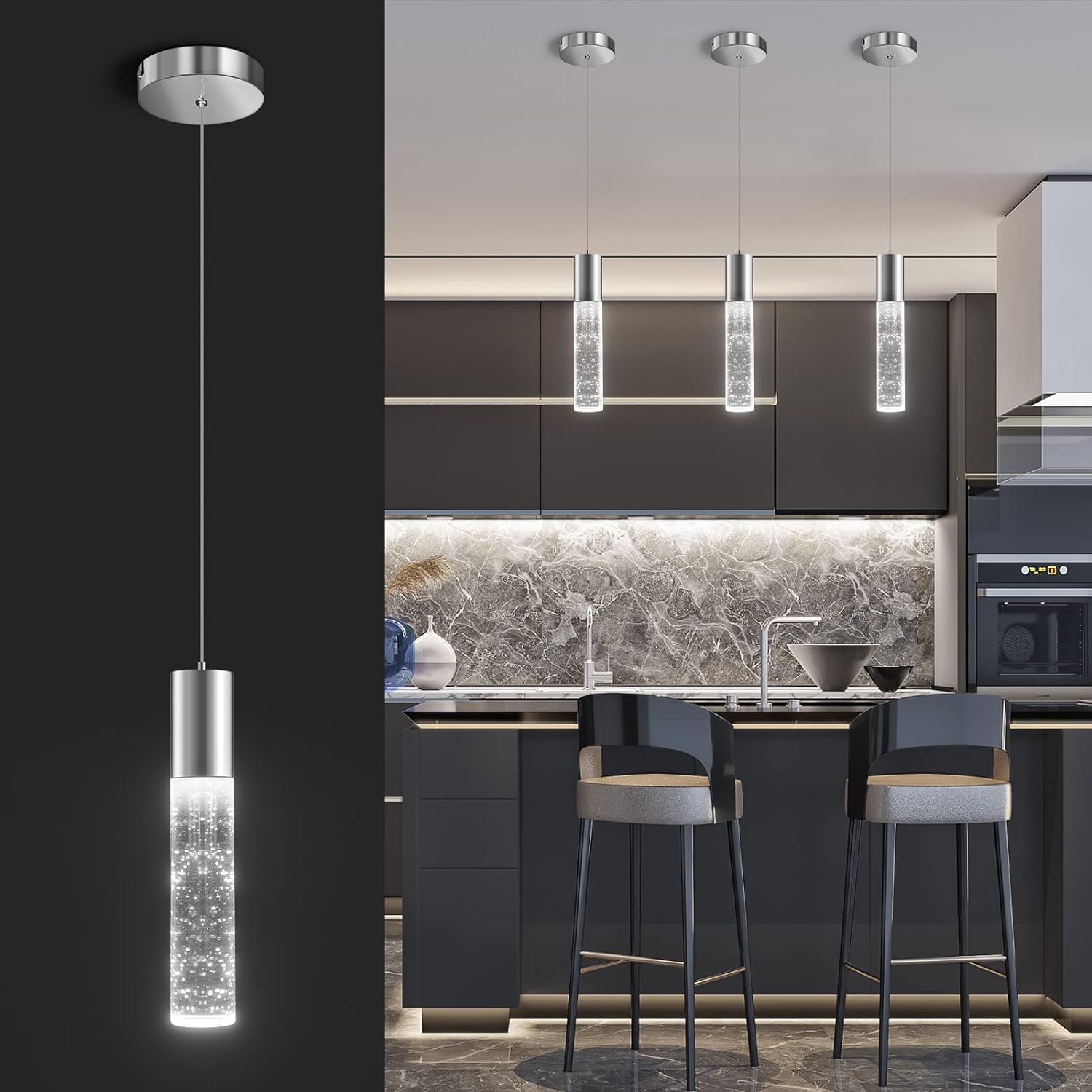 OKELI Pendant Light Fixtures, Pendant Lights Kitchen Island, Bubble Crystal Chandeliers, Contains Light Sources for Bedroom Living Room Dining Room, 6000K,6W,9.8inch/24.8cm,1Pack