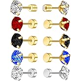 5 Pairs Flat Back Stud Earrings for Women, Trendy Cartilage Earring, Hypoallergenic Titanium Earrings Set, Cubic Zirconia Flatback Ear Rings Non Tarnish