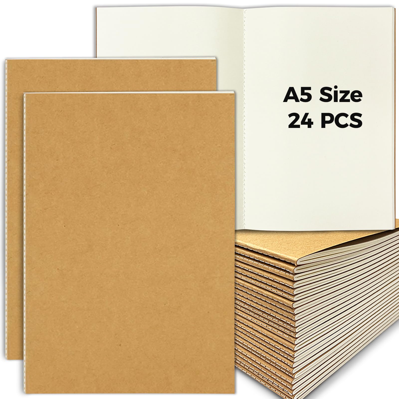 DWIYITTN 24 Pack Kraft Blank Notebook A5, Plain Paper Notebook Multipack 21x14cm 60 Pages Soft Brown Cover Notepad Bulk for Kids Students Travelers Home & Office