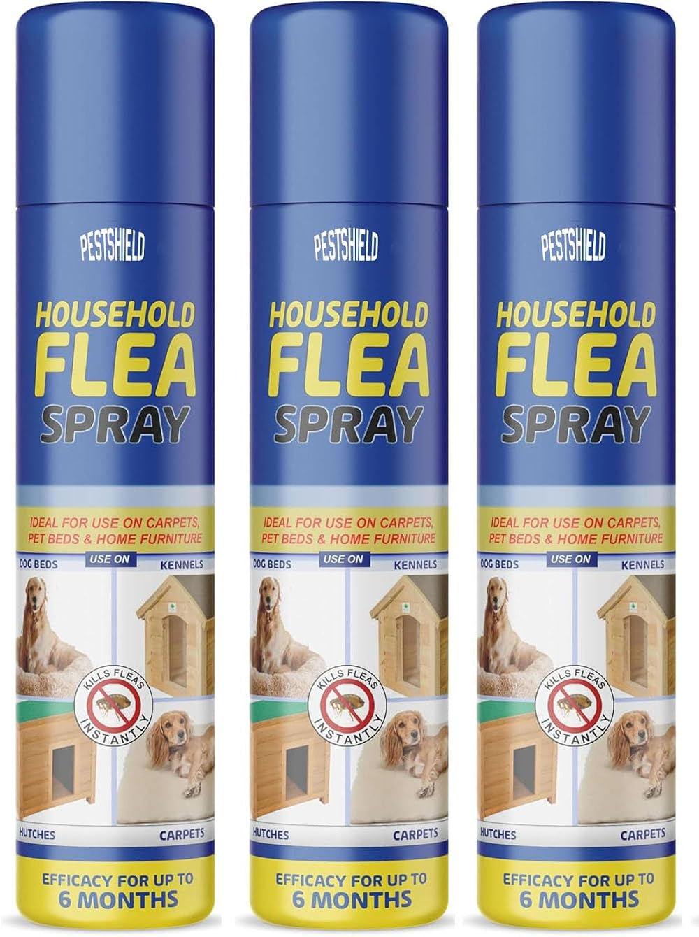 Pestshield Flea Spray 200 ml for Beds Carpets Cats Dogs 3 x Cans
