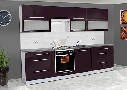 Modern Purple Glossy Wood Cabinetry Design kitchen kitchen unit built in kitchen cabinets aubergine purple high gloss 280 cm mdf front metal railing handle modern cabinet cupboard for oven