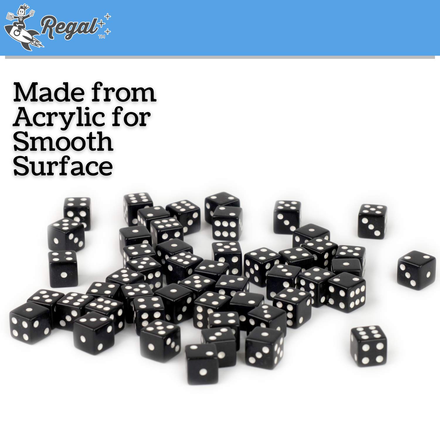 Regal Games 6 Sided Square Dice - Black, 16mm, 50 Piece Set for Family Game Night