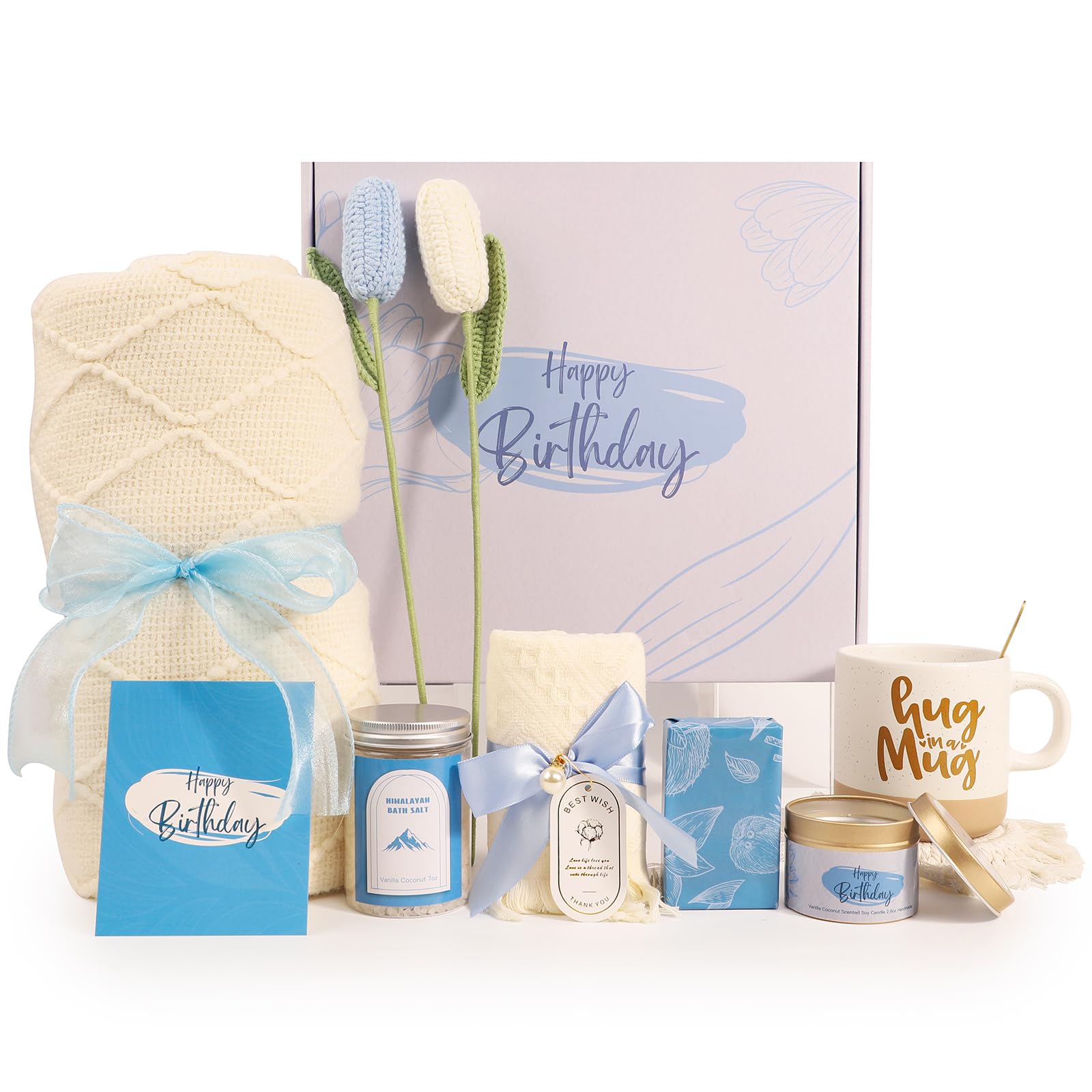 Birthday Gifts for Women, Happy Birthday Gifts for Mom, Her, Sister, Best Friend, Girlfriend, Coworker, Wife Bday Gift Ideas, Unique Relaxing Spa Birthday Gift Basket for Women Care Package w/Blanket