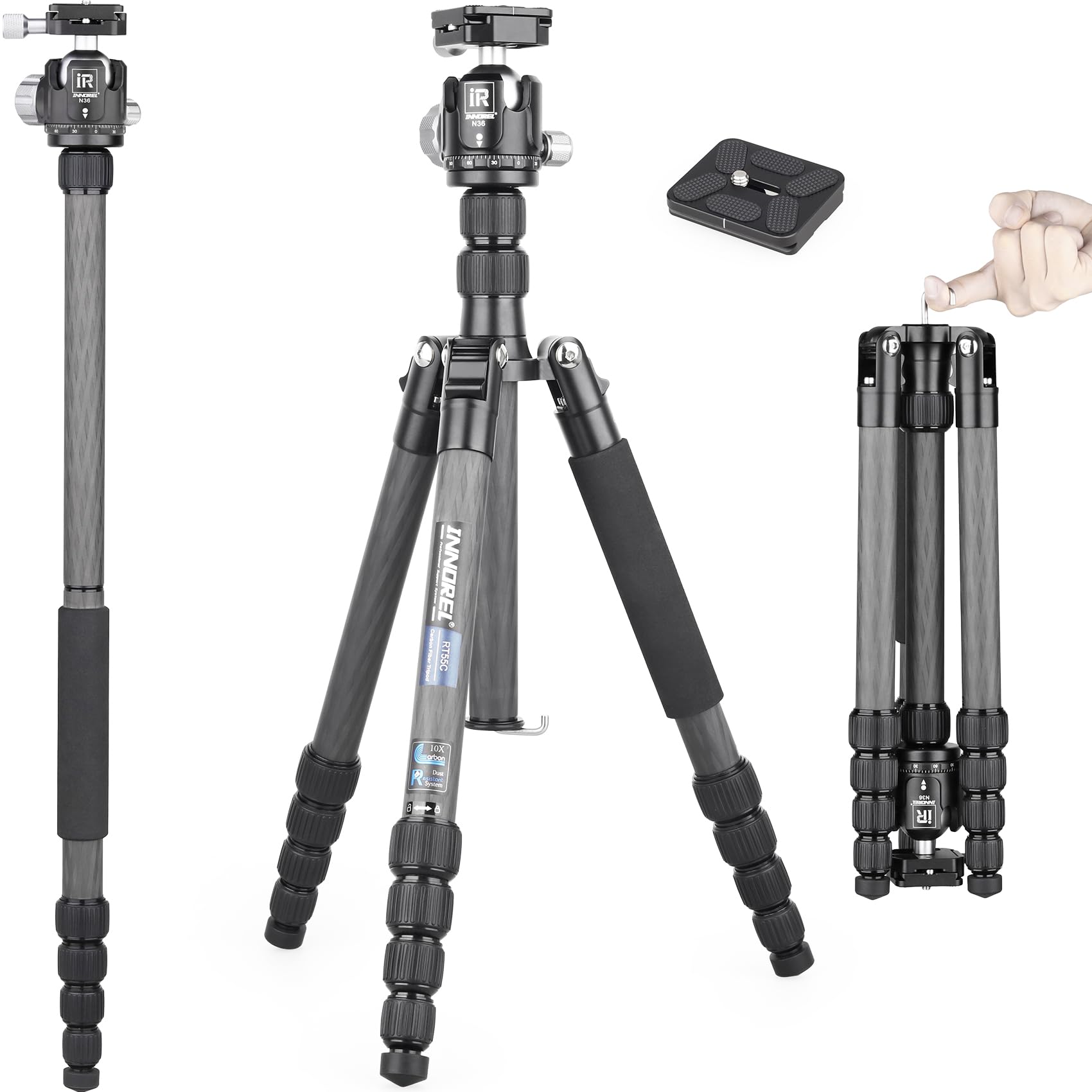 INNOREL 62 inches 10 Layers Carbon Fiber Camera Tripod Monopod with 360 Degree Low Gravity Center Ball Head, two 1/4 inch Quick Shoe Plates, Carry Bag for DSLR, Video, Load up to 26 pounds (RT55C+N36)