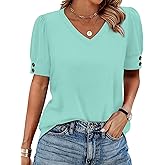 OFEEFAN Womens Tops Short Sleeve Shirts Buttons V Neck Spring Fashion Summer Outfits Plus Size Blouses Dressy Casual