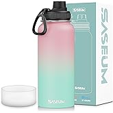 SASEUM Insulated Stainless Steel Water Bottles 32oz with Spout Lids Metal Vacuum Thermal Large Water Jug Leak-proof Reusable Flask for Sports Gym and Travel,Pink-Green